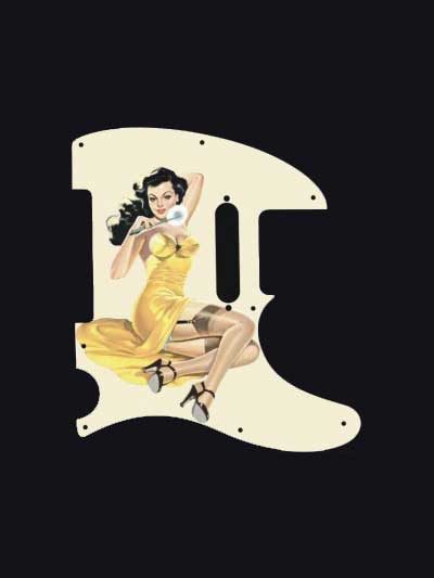 brunette Pinup girl pickguard in yellow dress