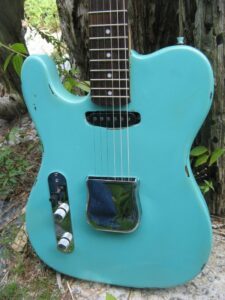 body close-up of Sonic Blue Relic Telecaster