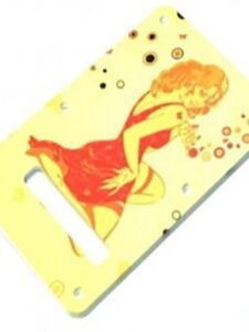 Drawing of red-headed pinup girl in red dress looking over her shoulder on a yellow decorated backplate