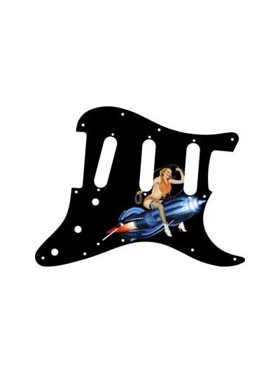 Blonde pinup girl Karen sitting on blue rocket with a lasso on a black Stratocaster pickguard