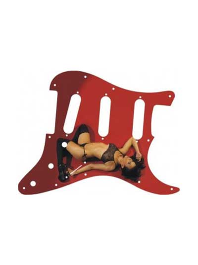 Photo of a brunette woman in black lingerie stretched out on her back on a red Stratocaster pickguard