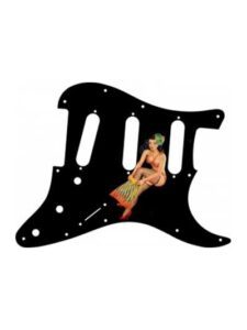 Brunette Hawaiian pinup girl on black Stratocaster pickguard