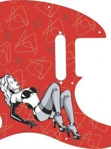 Drawing of blonde pinup girl in black lingerie with a background pattern on a red telecaster pickguard