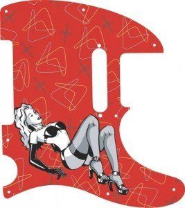 Drawing of blonde pinup girl in black lingerie with a background pattern on a red telecaster pickguard