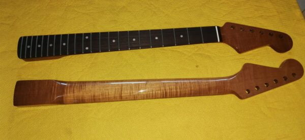 roasted curly maple neck close-up of front and back