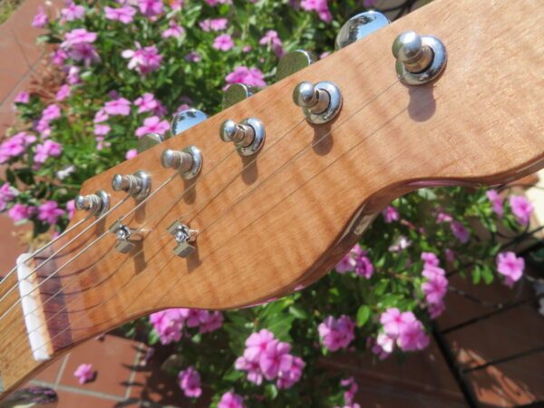 neck head back of blue flame maple topped tele